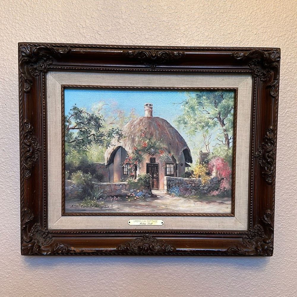 Marty Bell “umbrella cottage” canvas limited ed. Oil painting #270 of 900 COA